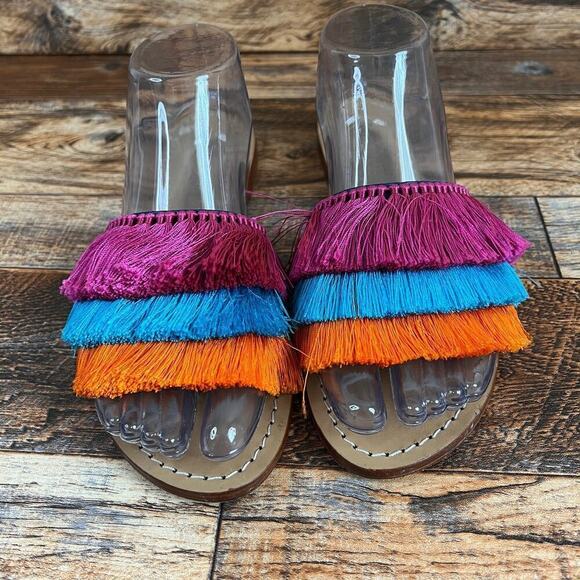 Mystique Caracas Slide Sandals Women's 9 Leather Fringe Shoe Summer Unique Fun - Picture 5 of 9